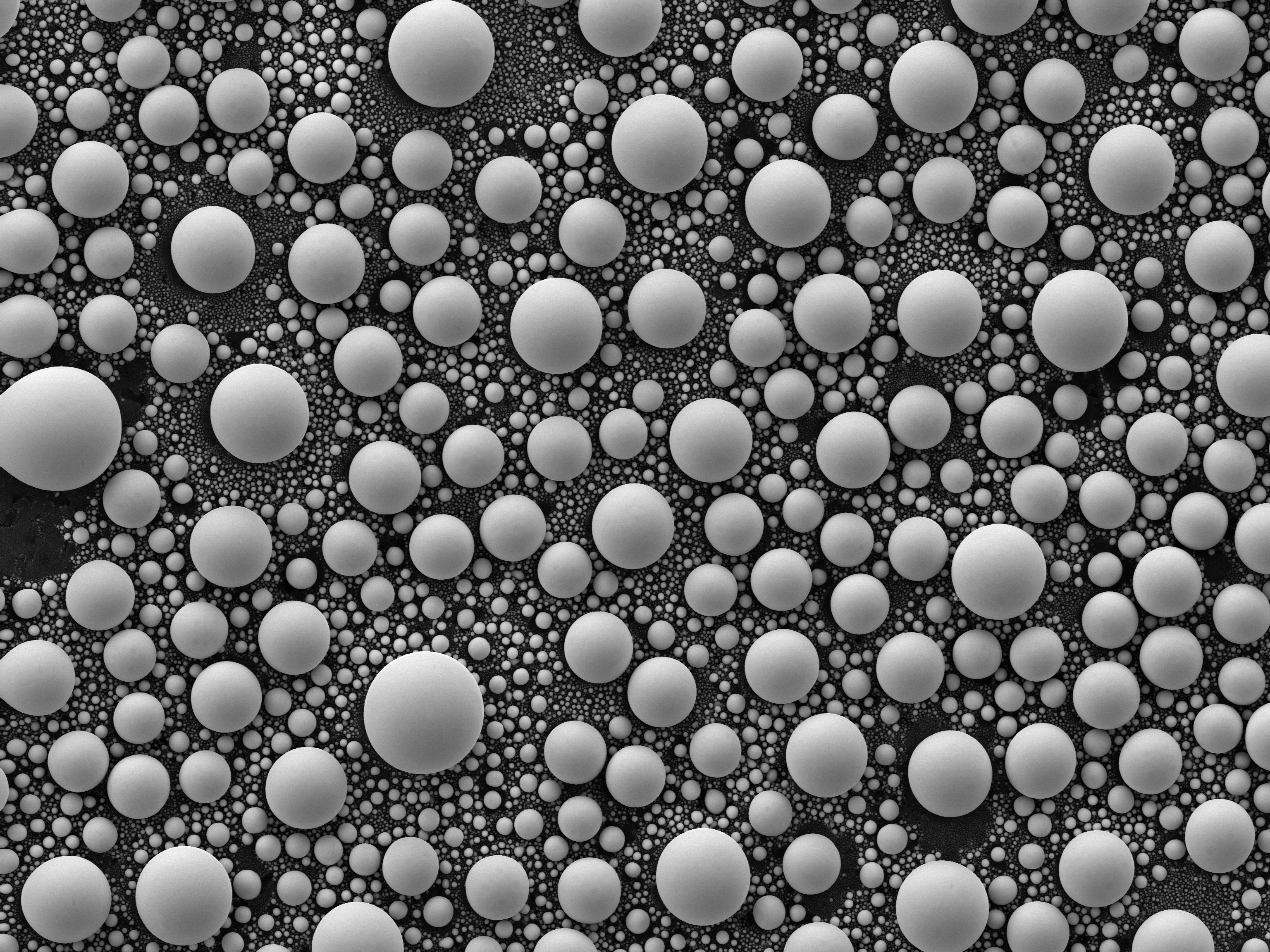 Electron micrograph of tin balls on graphite
