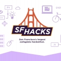Graphic design with logo of Golden Gate Bridge reading "SF Hacks, San Francisco's biggest collegiate hackathon"
