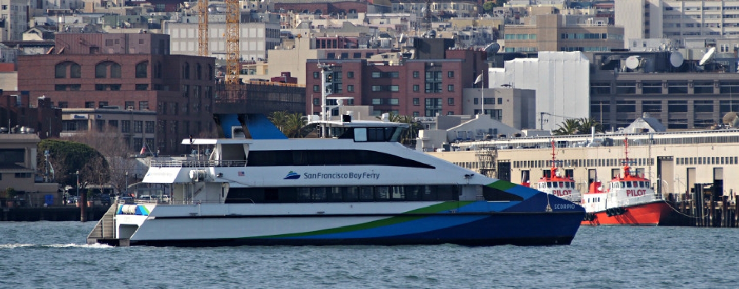 Ferry with San Francisco skyline in background