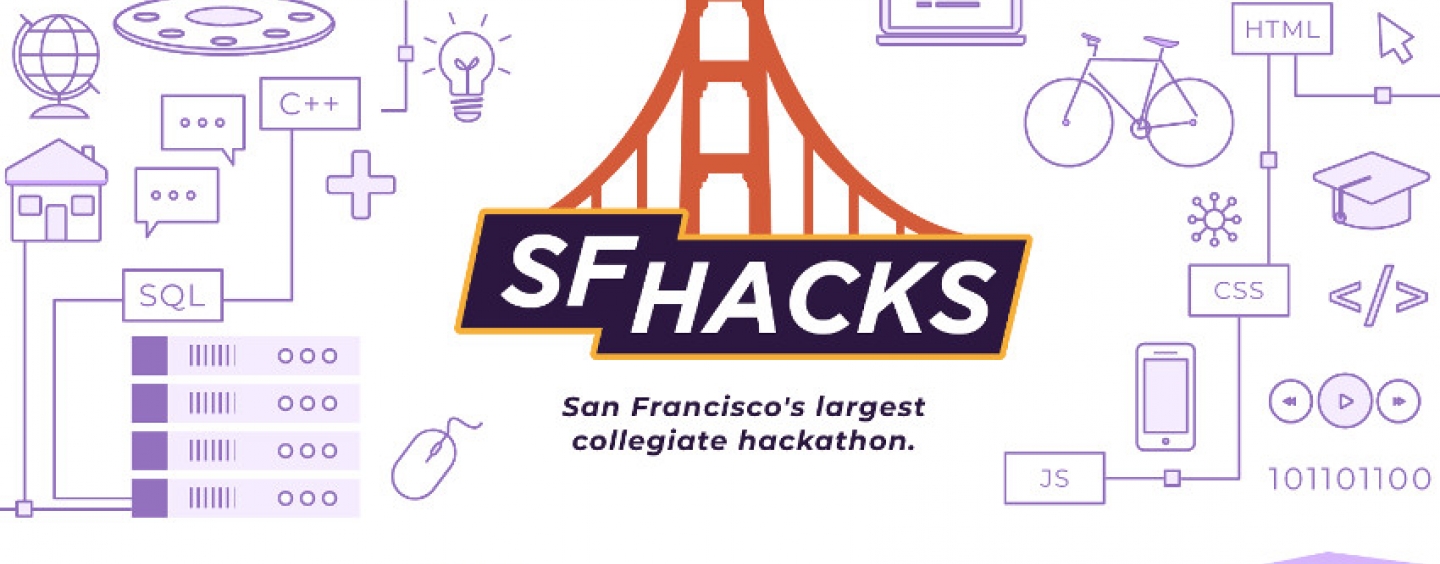 Graphic design with logo of Golden Gate Bridge reading "SF Hacks, San Francisco's biggest collegiate hackathon"
