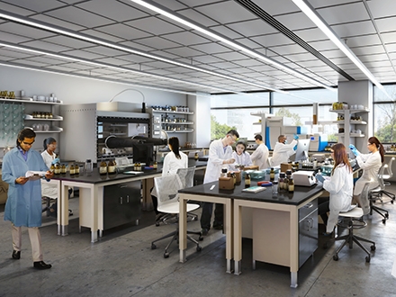 students in lab coats work in a future CoSE lab space