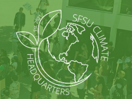 climate change earth and leaf logo transparent green overlay on students